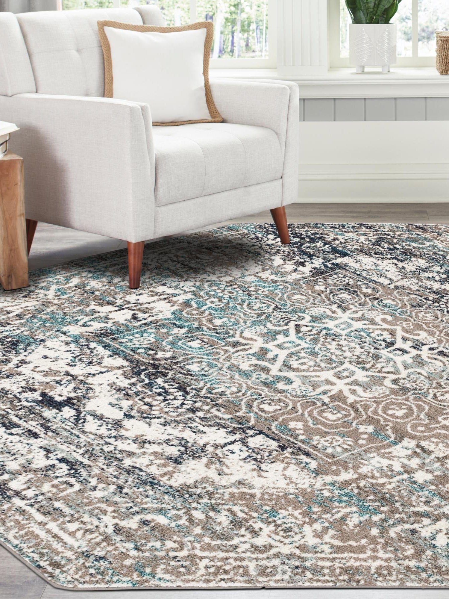 Gray 5' 3 x 5' 3 Richmond Octagon Area Rug Vintage Distressed Look Traditional Design Carpet for Unique Home Interior Design for Sale at Rug Engine