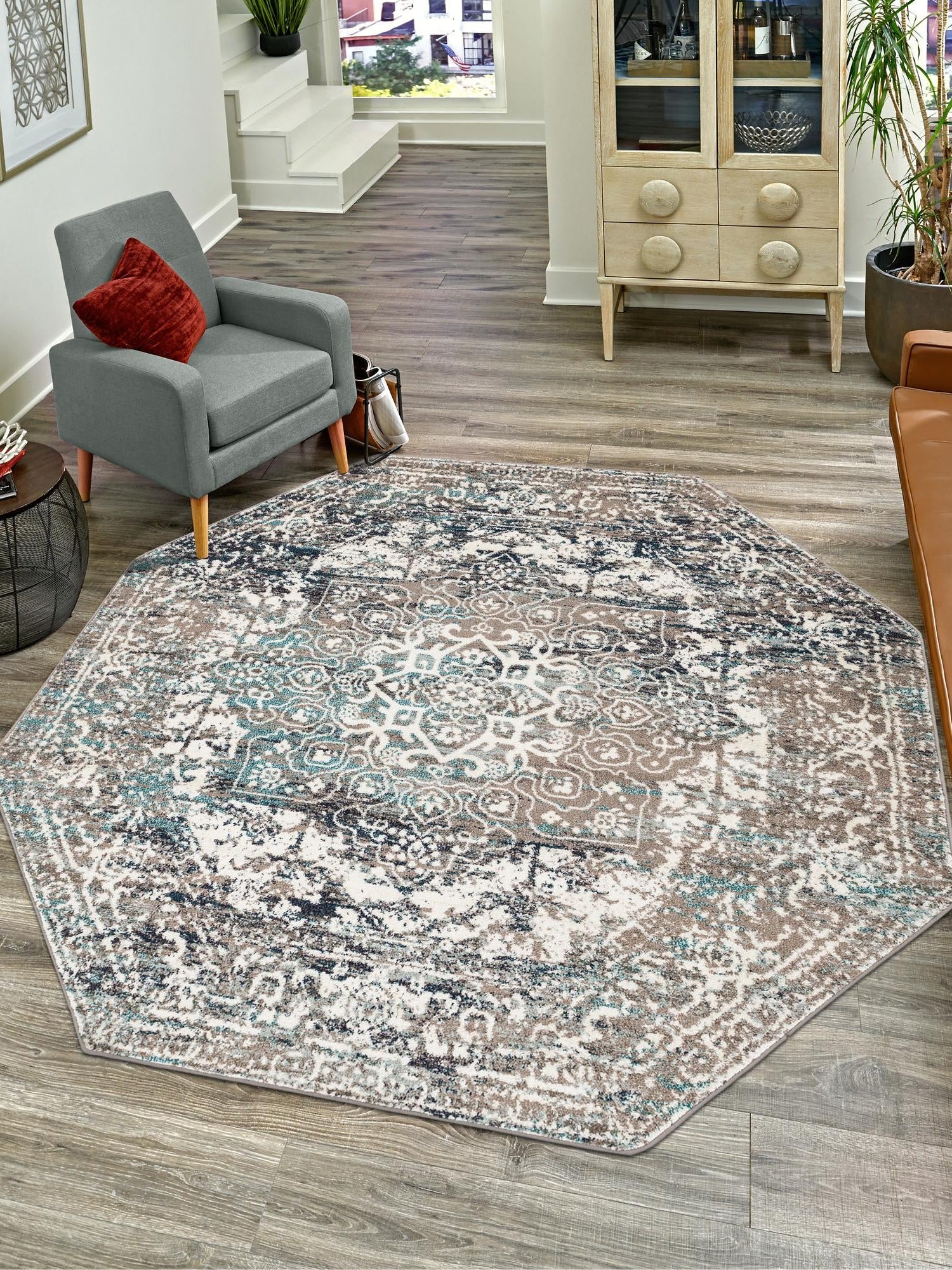 Gray 5' 3 x 5' 3 Richmond Octagon Area Rug Vintage Distressed Look Traditional Design Carpet for Unique Home Interior Design for Sale at Rug Engine