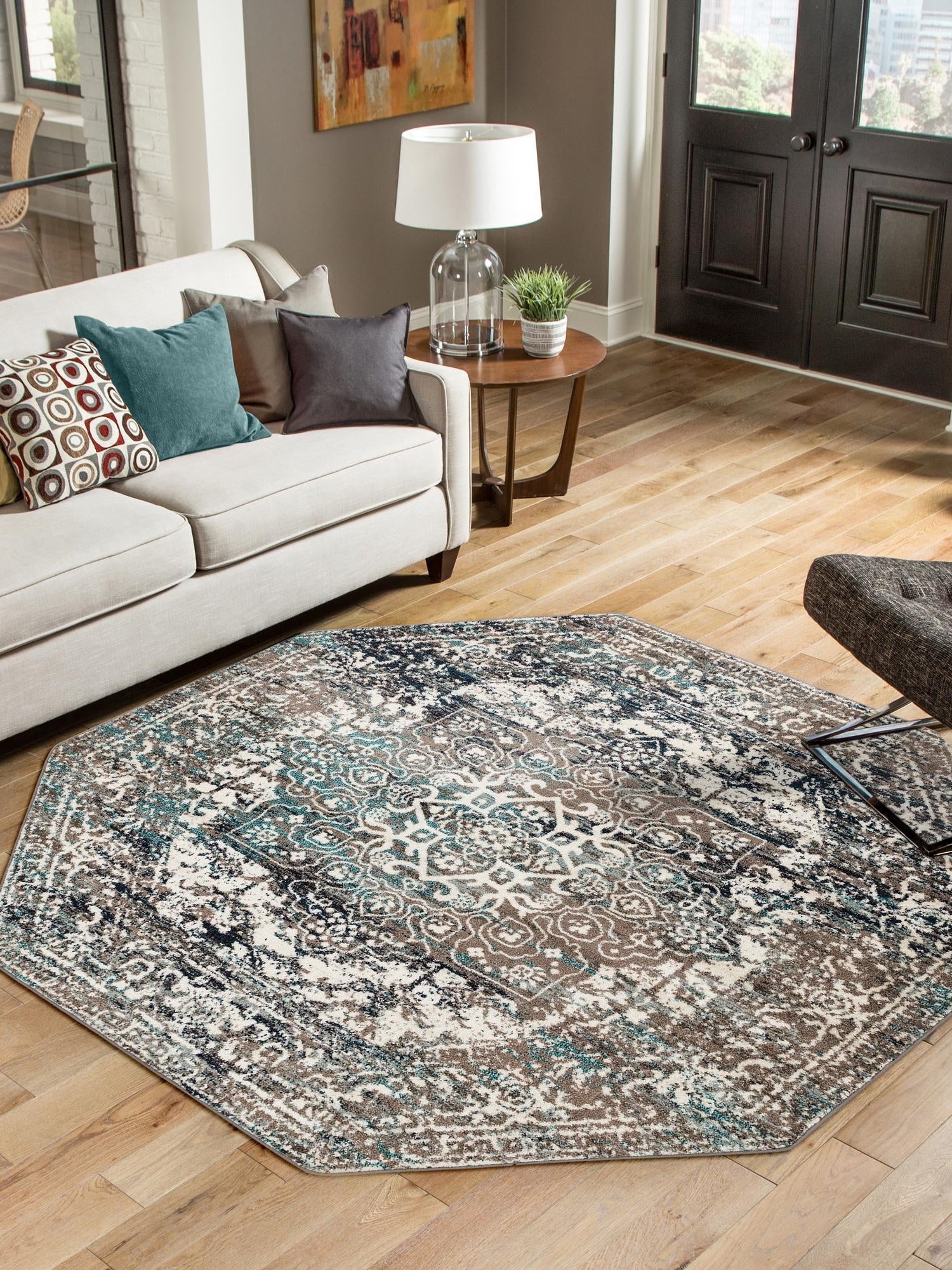 Gray 5' 3 x 5' 3 Richmond Octagon Area Rug Vintage Distressed Look Traditional Design Carpet for Unique Home Interior Design for Sale at Rug Engine