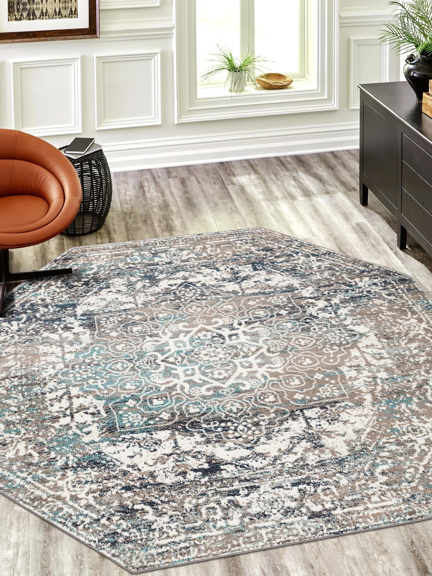 Gray 5' 3 x 5' 3 Richmond Octagon Area Rug Vintage Distressed Look Traditional Design Carpet for Unique Home Interior Design for Sale at Rug Engine