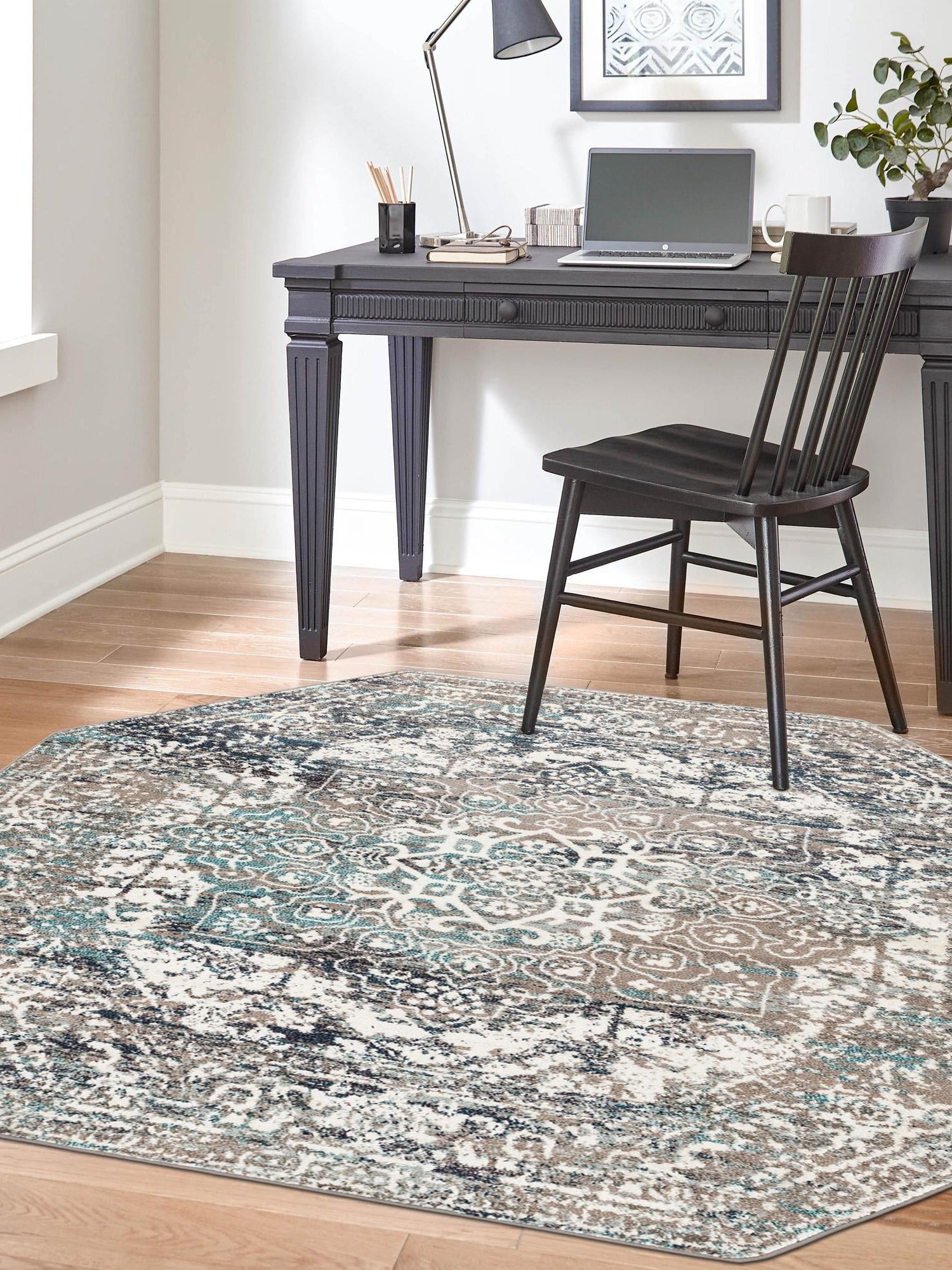 Gray 5' 3 x 5' 3 Richmond Octagon Area Rug Vintage Distressed Look Traditional Design Carpet for Unique Home Interior Design for Sale at Rug Engine