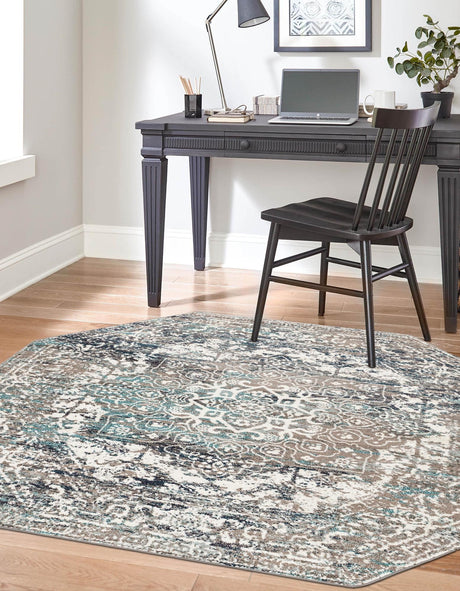 Gray 5' 3 x 5' 3 Richmond Octagon Area Rug Vintage Distressed Look Traditional Design Carpet for Unique Home Interior Design for Sale at Rug Engine