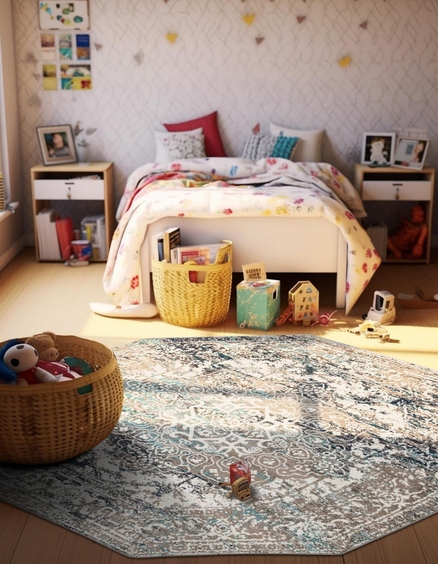 Gray 5' 3 x 5' 3 Richmond Octagon Area Rug Vintage Distressed Look Traditional Design Carpet for Unique Home Interior Design for Sale at Rug Engine