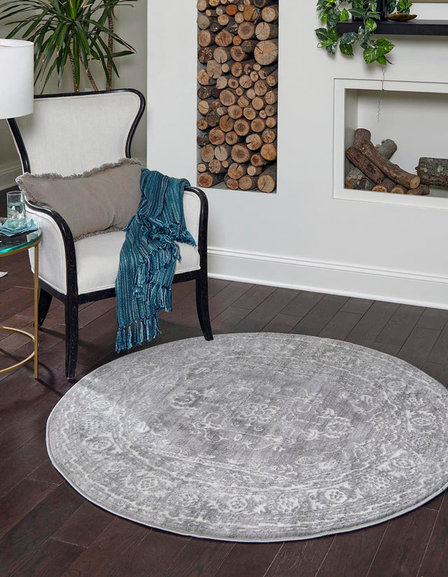 Gray 7' 10 x 7' 10 Boston Round Area Rug 55% Polypropylene & 45% Polyester Easy Clean Traditional Classical Carpet for Contemporary Living Dining Room Office Space for Sale at Rug Engine