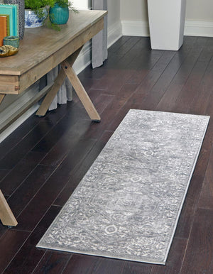 Gray 2' x 8' Boston Runner Area Rug 55% Polypropylene & 45% Polyester Easy Clean Traditional Classical Carpet for Contemporary Living Dining Room Office Space for Sale at Rug Engine