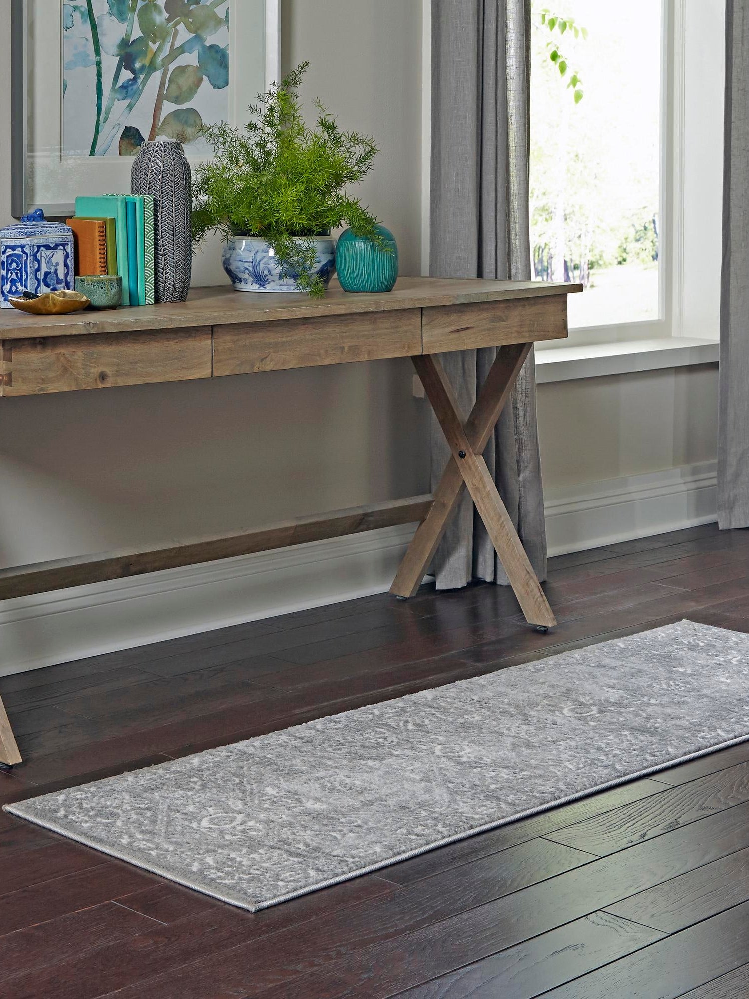 Gray 2' x 6' 1 Boston Runner Area Rug 55% Polypropylene & 45% Polyester Easy Clean Traditional Classical Carpet for Contemporary Living Dining Room Office Space for Sale at Rug Engine