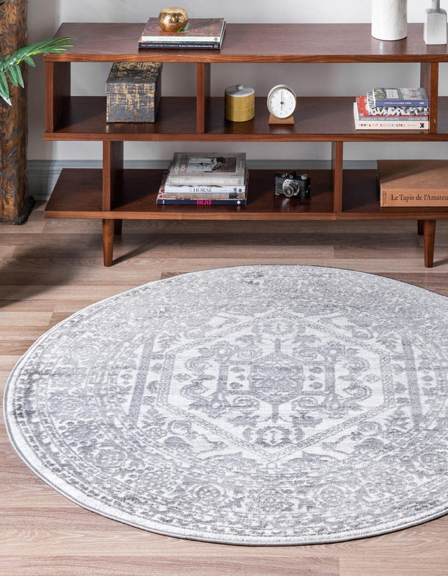 White 5' x 5' Boston Round Area Rug 55% Polypropylene & 45% Polyester Easy Clean Traditional Classical Carpet for Contemporary Living Dining Room Office Space for Sale at Rug Engine