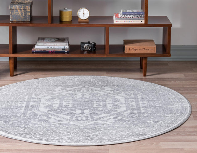 White 5' x 5' Boston Round Area Rug 55% Polypropylene & 45% Polyester Easy Clean Traditional Classical Carpet for Contemporary Living Dining Room Office Space for Sale at Rug Engine