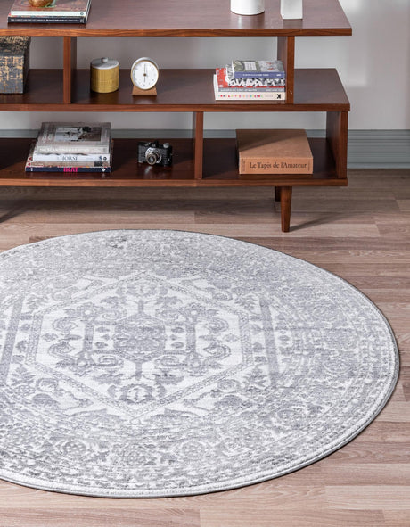 White 5' x 5' Boston Round Area Rug 55% Polypropylene & 45% Polyester Easy Clean Traditional Classical Carpet for Contemporary Living Dining Room Office Space for Sale at Rug Engine