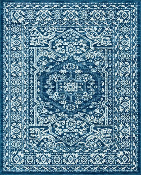 Blue 7' 10 x 10' Boston Rectangle Area Rug 55% Polypropylene & 45% Polyester Easy Clean Traditional Classical Carpet for Contemporary Living Dining Room Office Space for Sale at Rug Engine