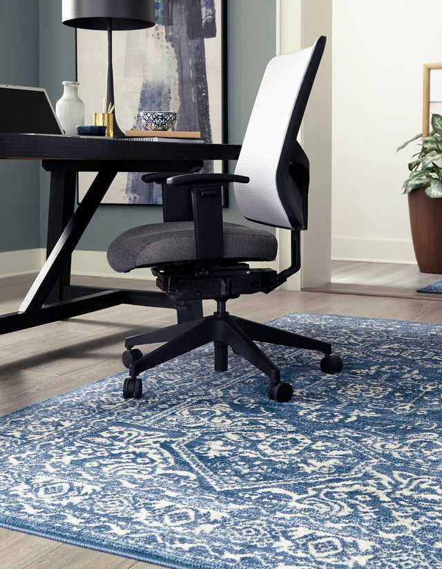 Blue 7' 10 x 10' Boston Rectangle Area Rug 55% Polypropylene & 45% Polyester Easy Clean Traditional Classical Carpet for Contemporary Living Dining Room Office Space for Sale at Rug Engine
