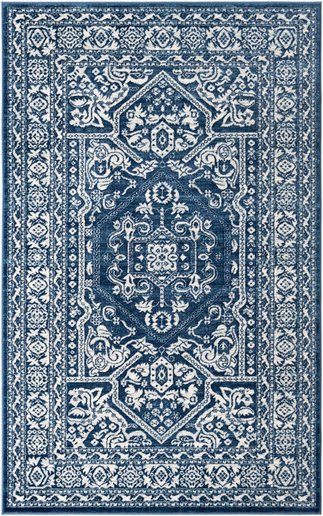 Blue 5' 1 x 8' Boston Rectangle Area Rug 55% Polypropylene & 45% Polyester Easy Clean Traditional Classical Carpet for Contemporary Living Dining Room Office Space for Sale at Rug Engine