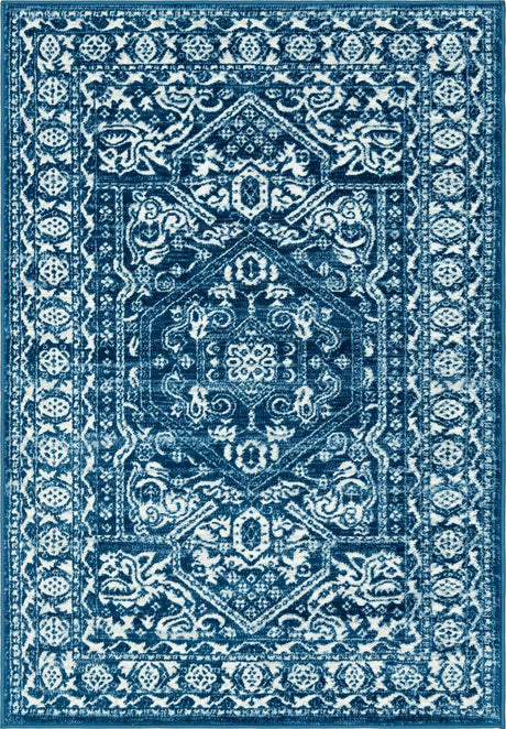 Blue 4' 1 x 6' 1 Boston Rectangle Area Rug 55% Polypropylene & 45% Polyester Easy Clean Traditional Classical Carpet for Contemporary Living Dining Room Office Space for Sale at Rug Engine