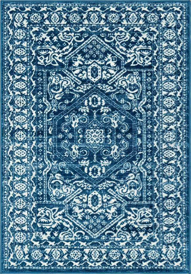 Blue 4' 1 x 6' 1 Boston Rectangle Area Rug 55% Polypropylene & 45% Polyester Easy Clean Traditional Classical Carpet for Contemporary Living Dining Room Office Space for Sale at Rug Engine