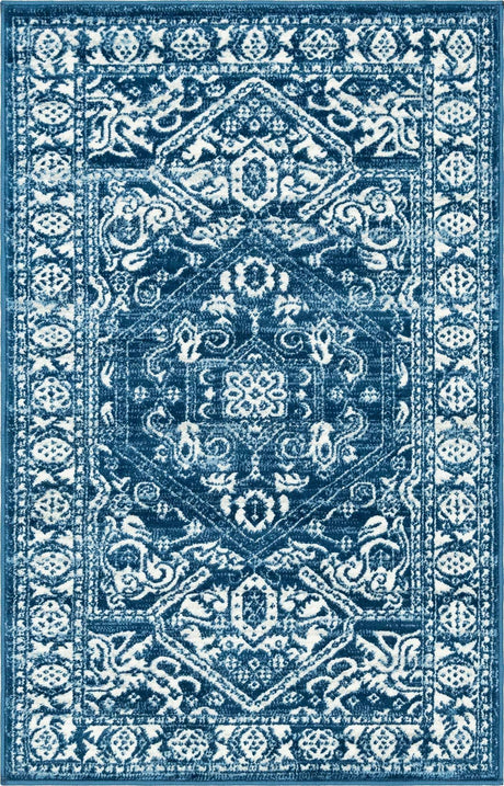 Blue 3' 3 x 5' 3 Boston Rectangle Area Rug 55% Polypropylene & 45% Polyester Easy Clean Traditional Classical Carpet for Contemporary Living Dining Room Office Space for Sale at Rug Engine