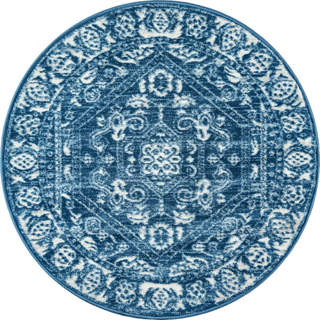 Blue 3' 3 x 3' 3 Boston Round Area Rug 55% Polypropylene & 45% Polyester Easy Clean Traditional Classical Carpet for Contemporary Living Dining Room Office Space for Sale at Rug Engine