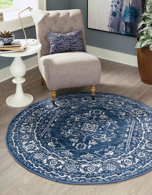 Blue 7' 10 x 7' 10 Boston Round Area Rug 55% Polypropylene & 45% Polyester Easy Clean Traditional Classical Carpet for Contemporary Living Dining Room Office Space for Sale at Rug Engine