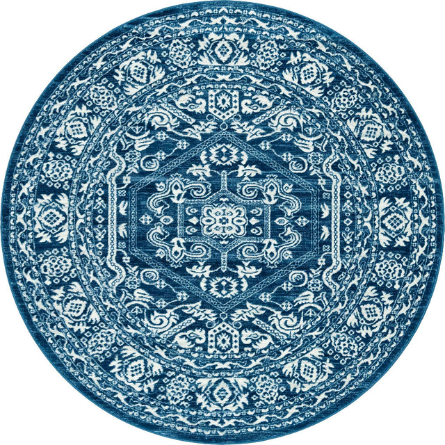 Blue 7' 10 x 7' 10 Boston Round Area Rug 55% Polypropylene & 45% Polyester Easy Clean Traditional Classical Carpet for Contemporary Living Dining Room Office Space for Sale at Rug Engine