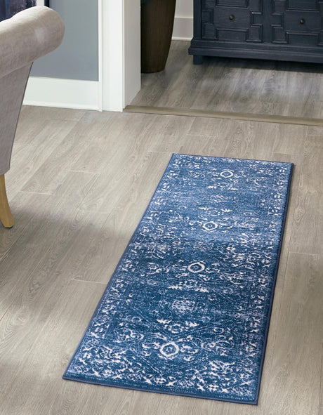 Blue 2' x 8' Boston Runner Area Rug 55% Polypropylene & 45% Polyester Easy Clean Traditional Classical Carpet for Contemporary Living Dining Room Office Space for Sale at Rug Engine