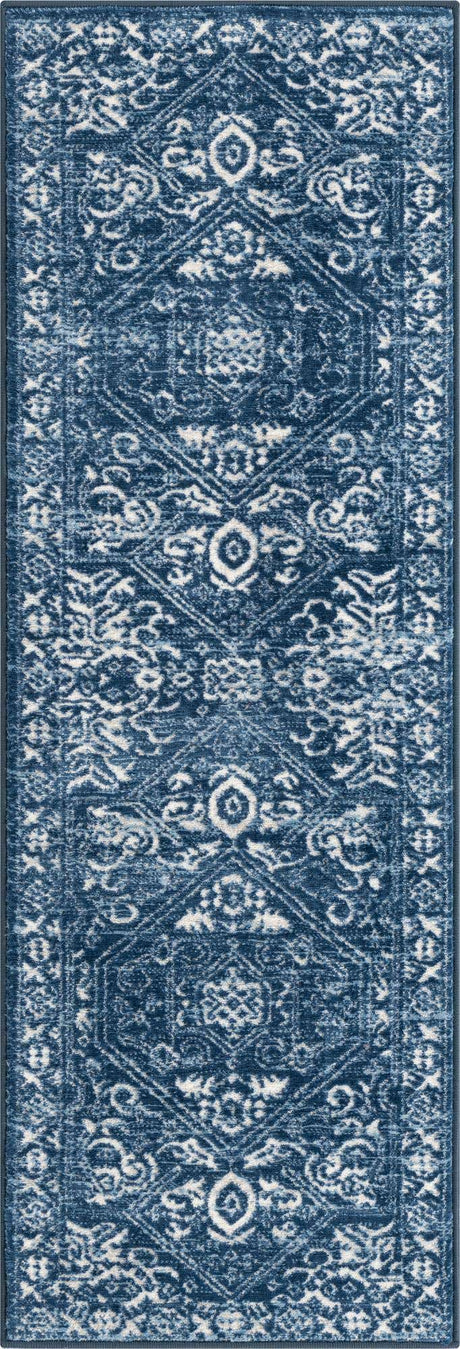 Blue 2' x 6' 1 Boston Runner Area Rug 55% Polypropylene & 45% Polyester Easy Clean Traditional Classical Carpet for Contemporary Living Dining Room Office Space for Sale at Rug Engine