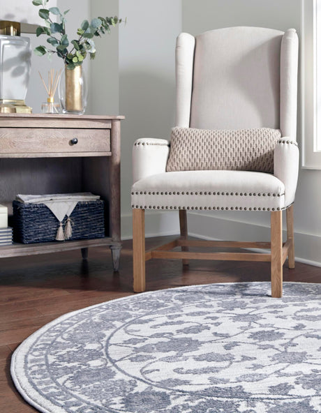 white Gray 7' 10 x 7' 10 Boston Round Area Rug 55% Polypropylene & 45% Polyester Easy Clean Traditional Classical Carpet for Contemporary Living Dining Room Office Space for Sale at Rug Engine