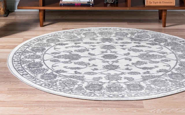 white Gray 5' 1 x 5' 1 Boston Round Area Rug 55% Polypropylene & 45% Polyester Easy Clean Traditional Classical Carpet for Contemporary Living Dining Room Office Space for Sale at Rug Engine
