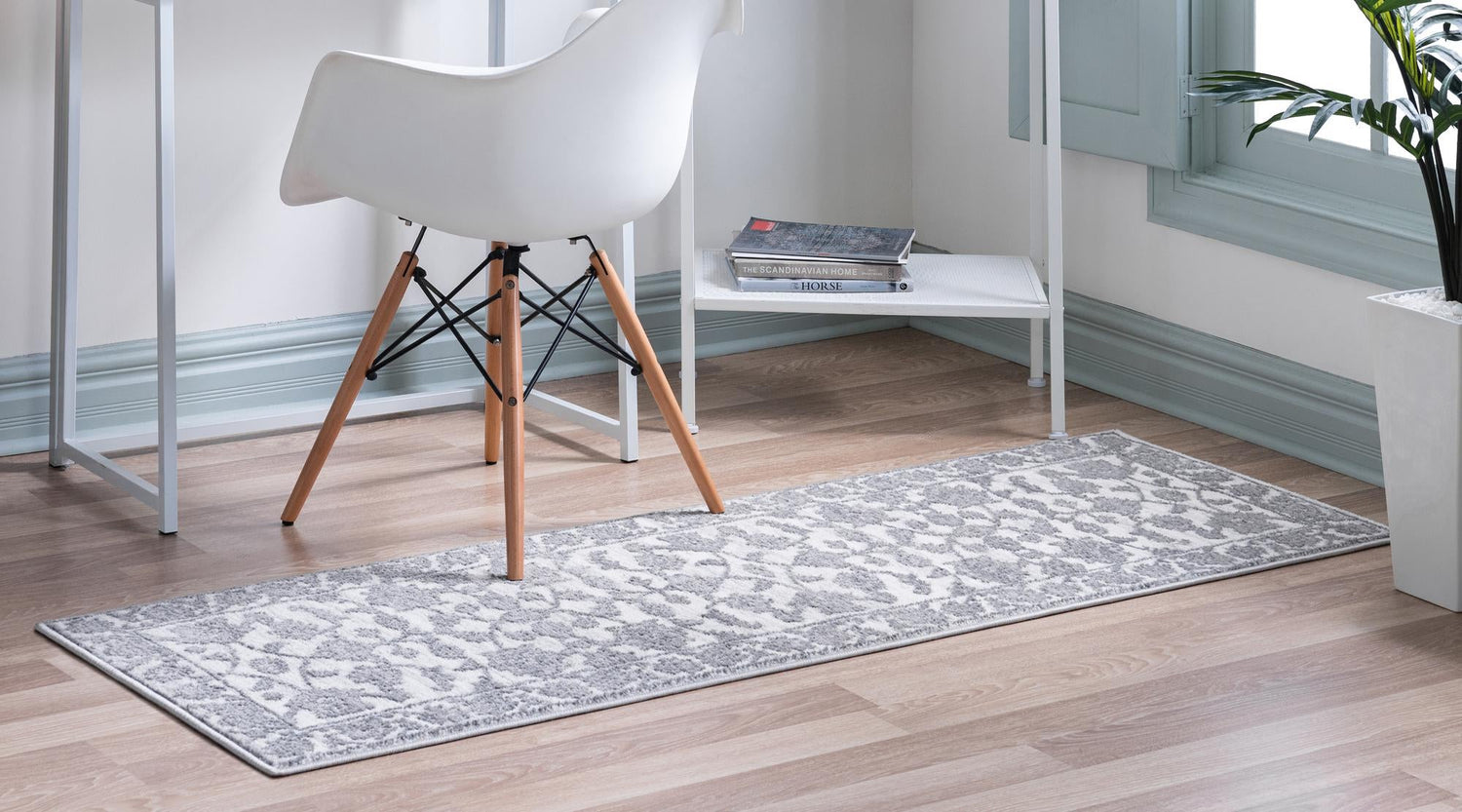 white Gray 2' x 8' Boston Runner Area Rug 55% Polypropylene & 45% Polyester Easy Clean Traditional Classical Carpet for Contemporary Living Dining Room Office Space for Sale at Rug Engine