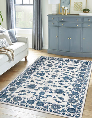 White Blue 4' x 6' Boston Rectangle Area Rug 55% Polypropylene & 45% Polyester Easy Clean Traditional Classical Carpet for Contemporary Living Dining Room Office Space for Sale at Rug Engine