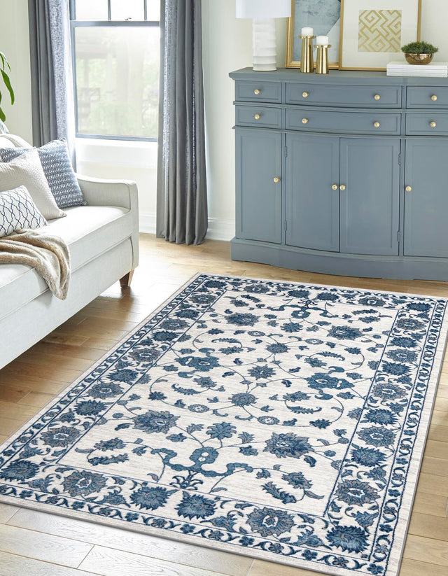White Blue 4' x 6' Boston Rectangle Area Rug 55% Polypropylene & 45% Polyester Easy Clean Traditional Classical Carpet for Contemporary Living Dining Room Office Space for Sale at Rug Engine