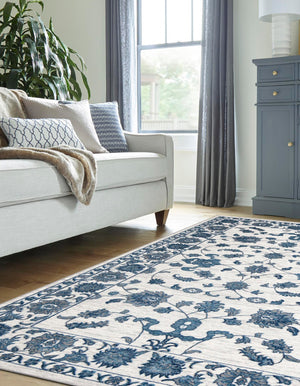 White Blue 4' x 6' Boston Rectangle Area Rug 55% Polypropylene & 45% Polyester Easy Clean Traditional Classical Carpet for Contemporary Living Dining Room Office Space for Sale at Rug Engine