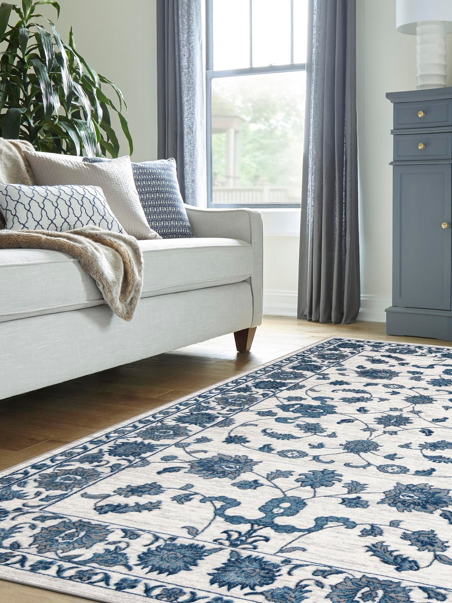 White Blue 5' 3 x 7' 1 Boston Rectangle Area Rug 55% Polypropylene & 45% Polyester Easy Clean Traditional Classical Carpet for Contemporary Living Dining Room Office Space for Sale at Rug Engine
