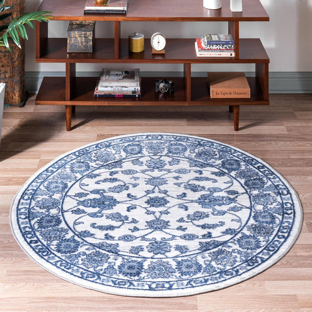 White Blue 3' 3 x 3' 3 Boston Round Area Rug 55% Polypropylene & 45% Polyester Easy Clean Traditional Classical Carpet for Contemporary Living Dining Room Office Space for Sale at Rug Engine