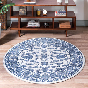 White Blue 6' 1 x 6' 1 Boston Round Area Rug 55% Polypropylene & 45% Polyester Easy Clean Traditional Classical Carpet for Contemporary Living Dining Room Office Space for Sale at Rug Engine