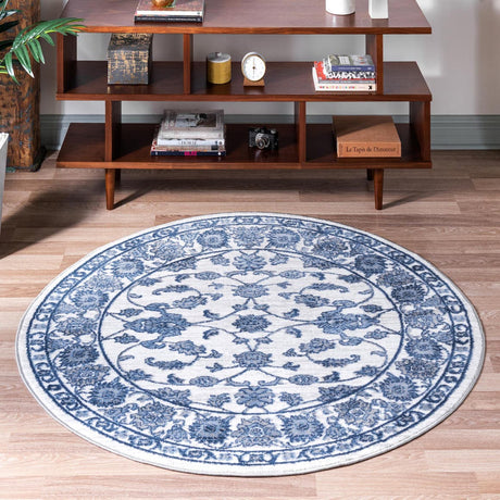 White Blue 6' 1 x 6' 1 Boston Round Area Rug 55% Polypropylene & 45% Polyester Easy Clean Traditional Classical Carpet for Contemporary Living Dining Room Office Space for Sale at Rug Engine