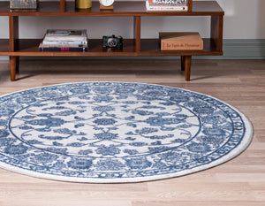 White Blue 10' x 10' Boston Round Area Rug 55% Polypropylene & 45% Polyester Easy Clean Traditional Classical Carpet for Contemporary Living Dining Room Office Space for Sale at Rug Engine