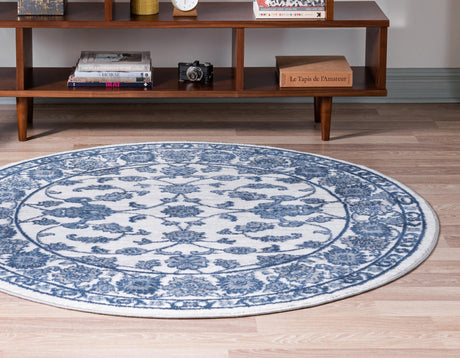 White Blue 6' 1 x 6' 1 Boston Round Area Rug 55% Polypropylene & 45% Polyester Easy Clean Traditional Classical Carpet for Contemporary Living Dining Room Office Space for Sale at Rug Engine