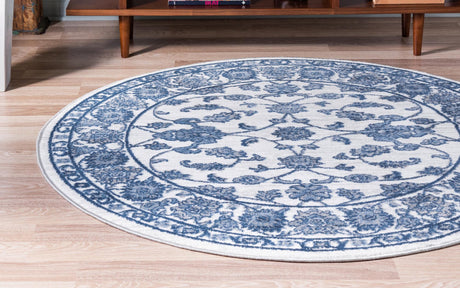 White Blue 5' 1 x 5' 1 Boston Round Area Rug 55% Polypropylene & 45% Polyester Easy Clean Traditional Classical Carpet for Contemporary Living Dining Room Office Space for Sale at Rug Engine