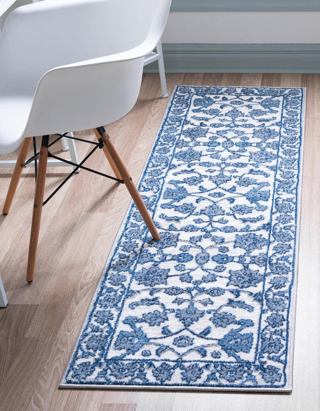 White Blue 2' 7 x 12' Boston Runner Area Rug 55% Polypropylene & 45% Polyester Easy Clean Traditional Classical Carpet for Contemporary Living Dining Room Office Space for Sale at Rug Engine