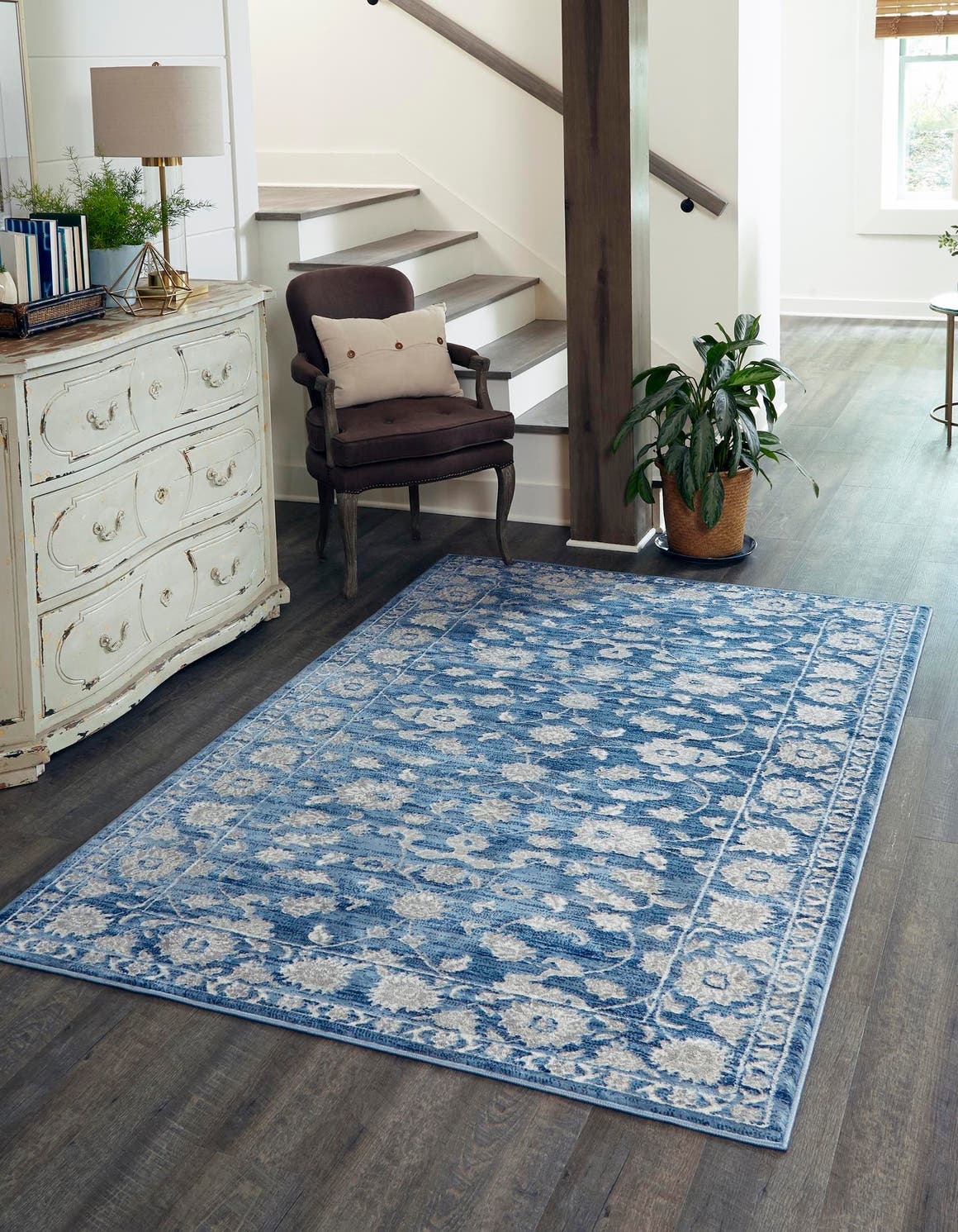 Blue 5' x 8' Boston Rectangle Area Rug 55% Polypropylene & 45% Polyester Easy Clean Traditional Classical Carpet for Contemporary Living Dining Room Office Space for Sale at Rug Engine