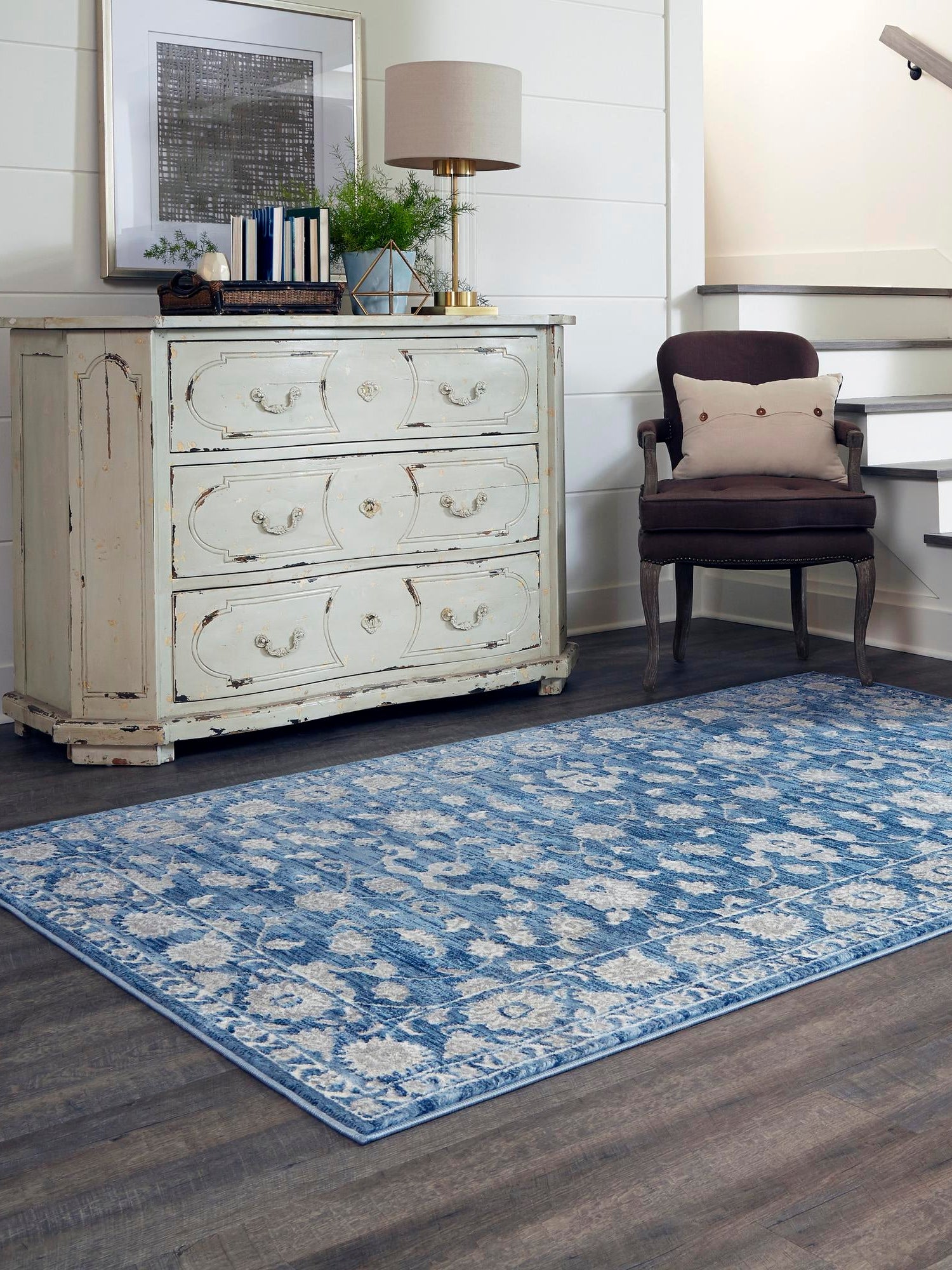 Blue 7' 1 x 10' Boston Rectangle Area Rug 55% Polypropylene & 45% Polyester Easy Clean Traditional Classical Carpet for Contemporary Living Dining Room Office Space for Sale at Rug Engine