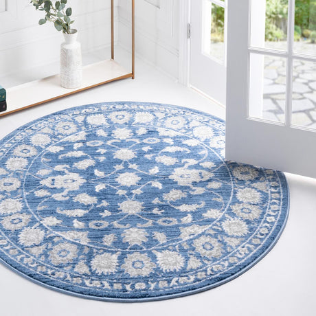 Blue 3' 3 x 3' 3 Boston Round Area Rug 55% Polypropylene & 45% Polyester Easy Clean Traditional Classical Carpet for Contemporary Living Dining Room Office Space for Sale at Rug Engine