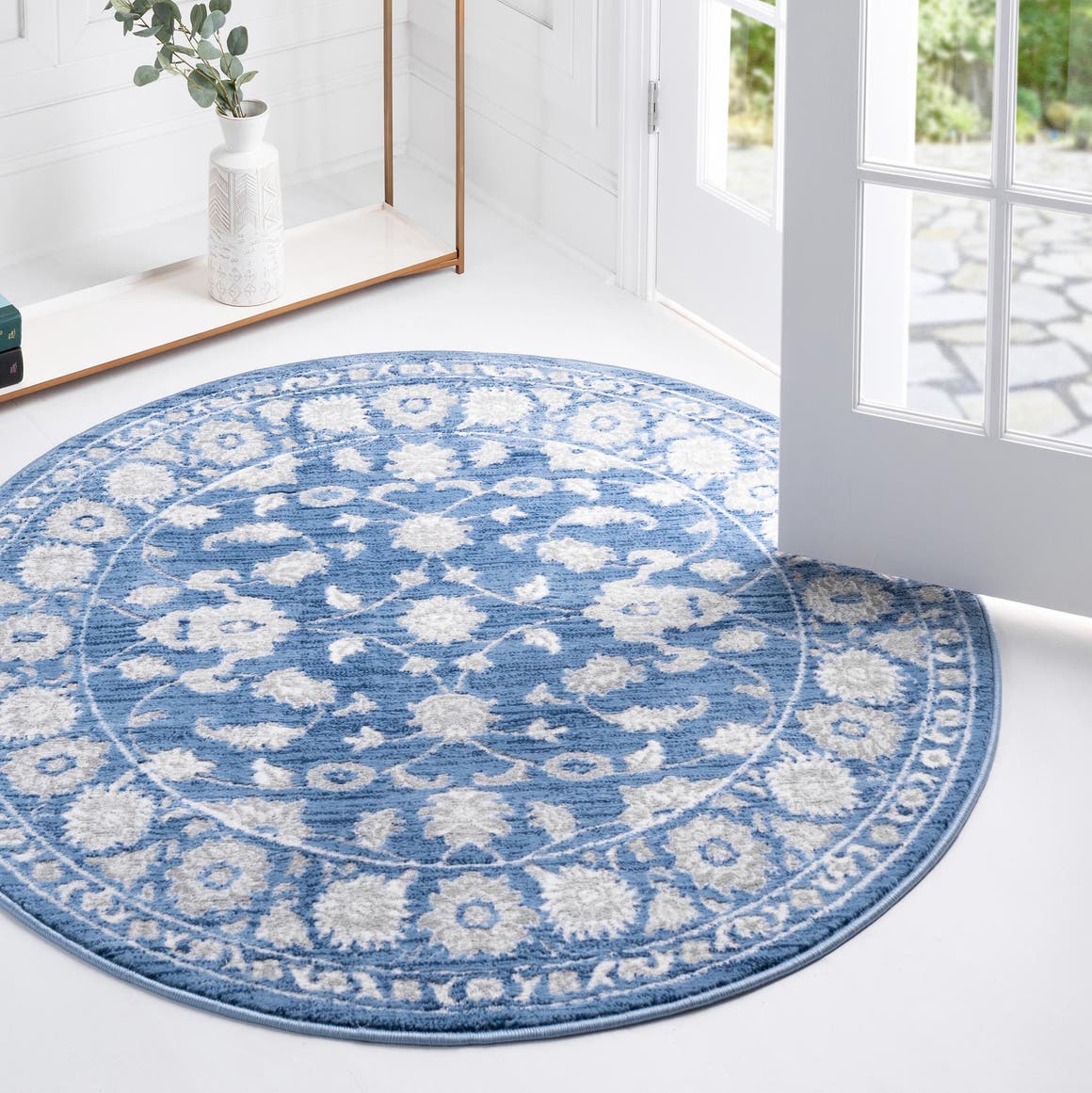 Blue 6' 1 x 6' 1 Boston Round Area Rug 55% Polypropylene & 45% Polyester Easy Clean Traditional Classical Carpet for Contemporary Living Dining Room Office Space for Sale at Rug Engine