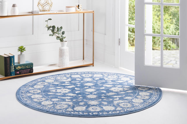 Blue 6' 1 x 6' 1 Boston Round Area Rug 55% Polypropylene & 45% Polyester Easy Clean Traditional Classical Carpet for Contemporary Living Dining Room Office Space for Sale at Rug Engine