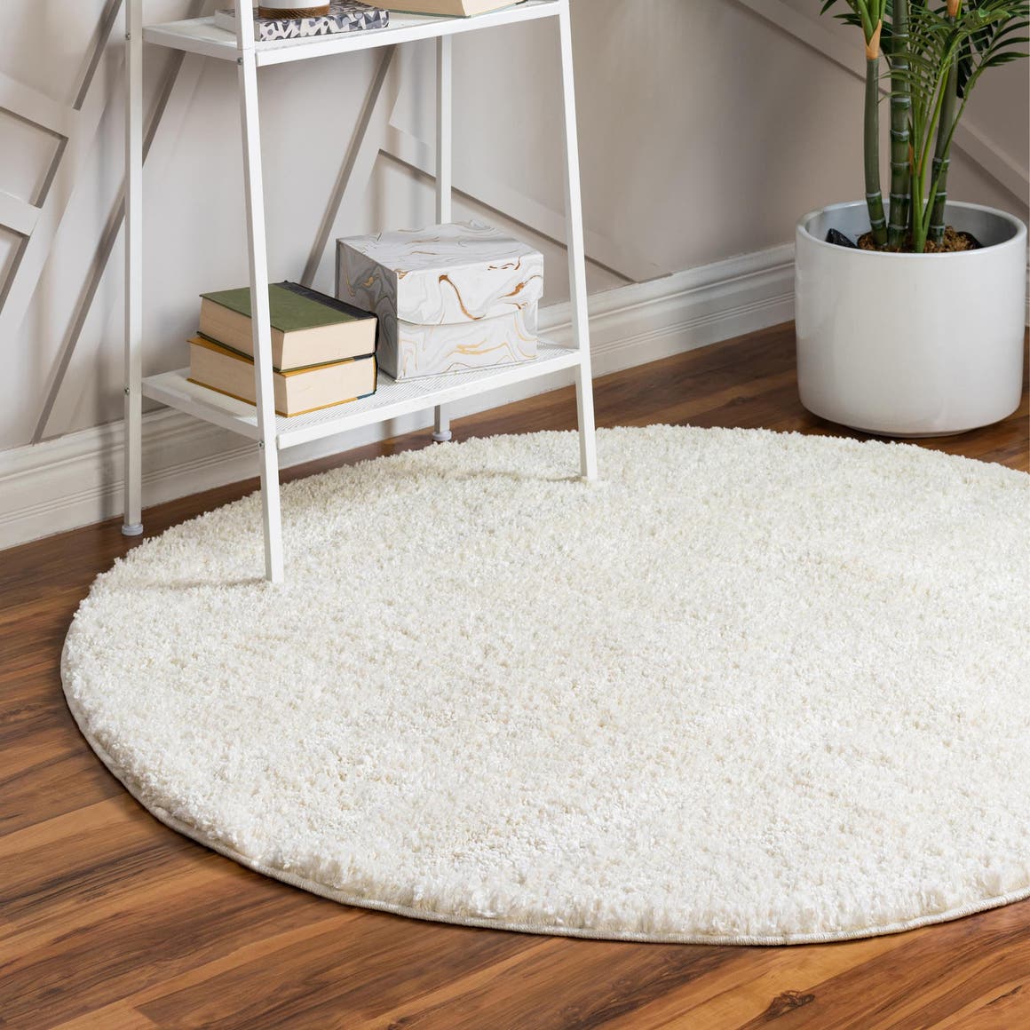 White 8' x 8' Soft Solid Shag Round Area Rug Thick Soft Touch Fluffy & Plush Shaggy Pile 100% Polypropylene Minimalist Carpet for Modern Home Interiors for Sale at Rug Engine