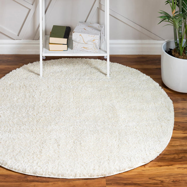 White 8' x 8' Soft Solid Shag Round Area Rug Thick Soft Touch Fluffy & Plush Shaggy Pile