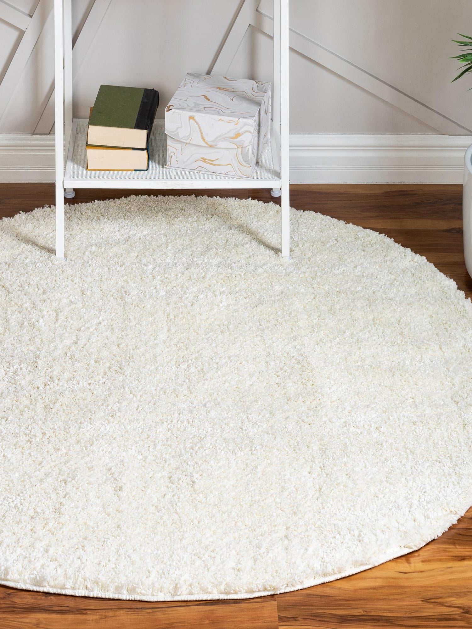 White 5' 1 x 5' 1 Soft Solid Shag Round Area Rug Thick Soft Touch Fluffy & Plush Shaggy Pile 100% Polypropylene Minimalist Carpet for Modern Home Interiors for Sale at Rug Engine