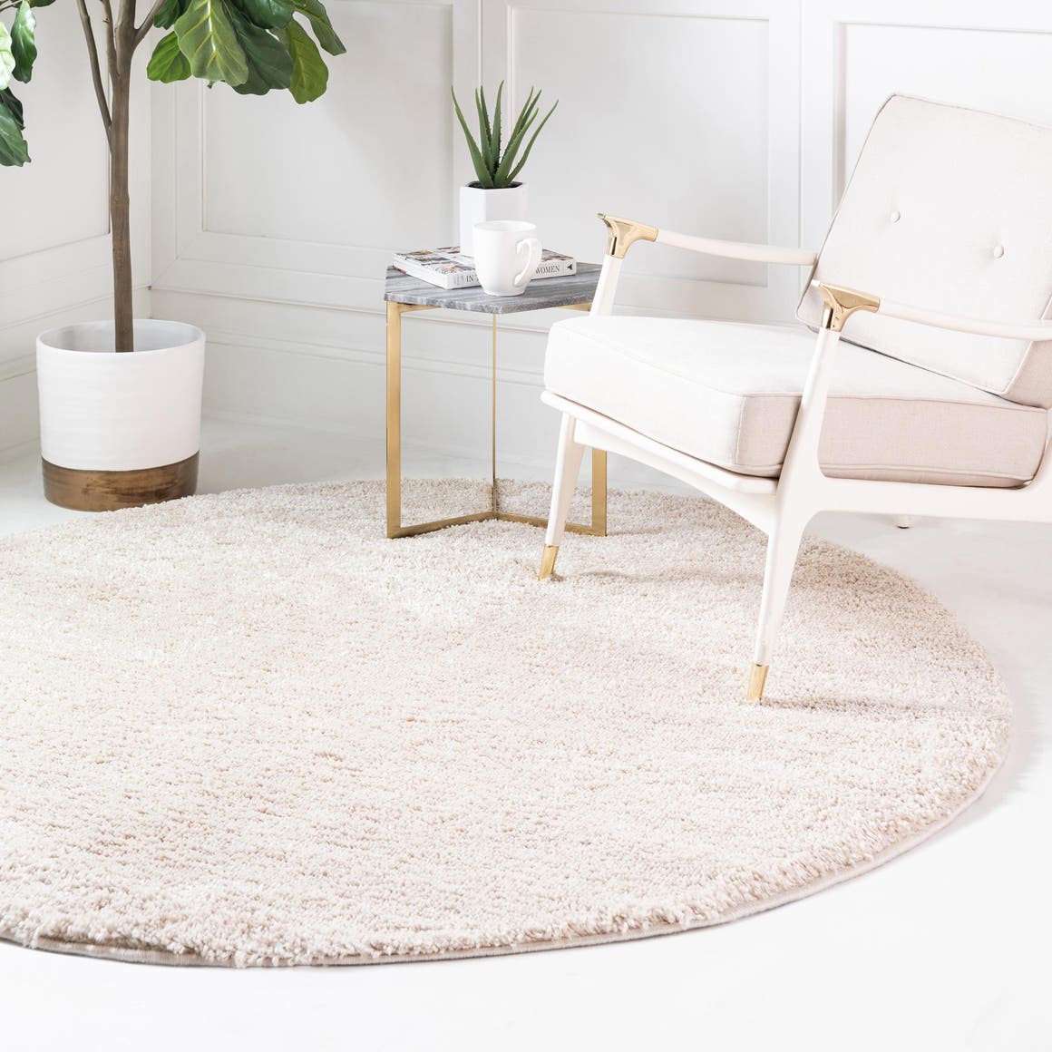 Oatmeal Beige 7' 1 x 7' 1 Soft Solid Shag Round Area Rug Thick Soft Touch Fluffy & Plush Shaggy Pile 100% Polypropylene Minimalist Carpet for Modern Home Interiors for Sale at Rug Engine