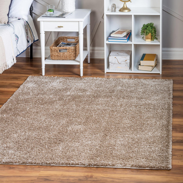 Khaki 4' 1 x 4' 1 Soft Solid Shag Square Area Rug Thick Soft Touch Fluffy & Plush Shaggy Pile