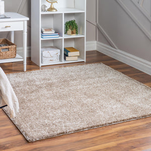 Khaki 4' 1 x 4' 1 Soft Solid Shag Square Area Rug Thick Soft Touch Fluffy & Plush Shaggy Pile