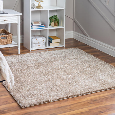 Khaki 5' 1 x 5' 1 Soft Solid Shag Square Area Rug Thick Soft Touch Fluffy & Plush Shaggy Pile 100% Polypropylene Minimalist Carpet for Modern Home Interiors for Sale at Rug Engine